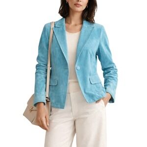 Turquoise Blue Aqua Suede Leather Blazer Jacket Karen Kane Petite Large‎